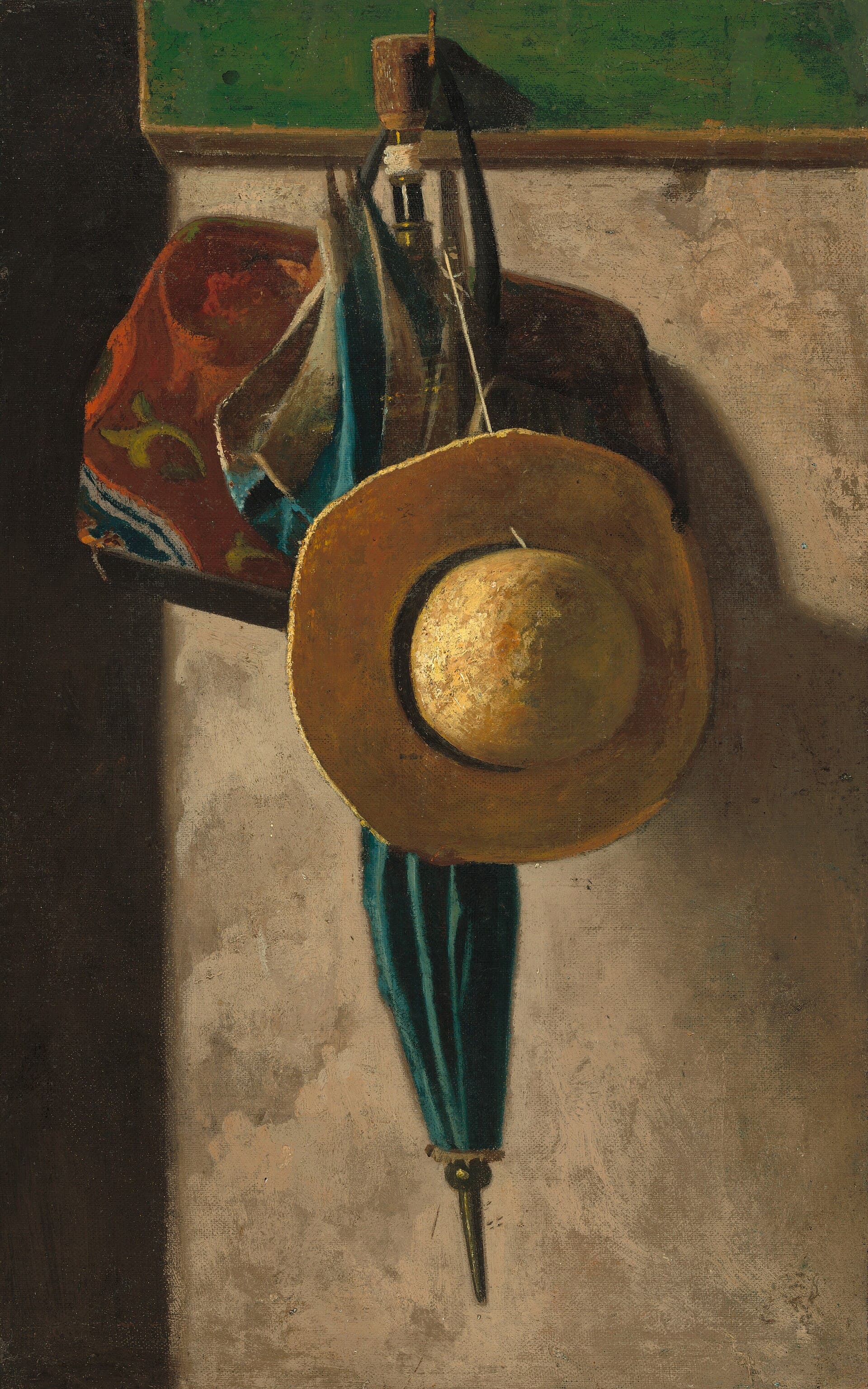 Still life of a straw hat, bag and umbrella